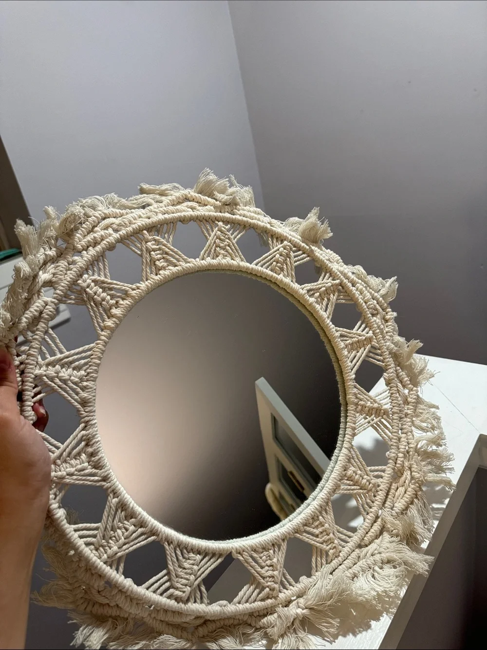Handmade Macrame Round Wall Mirror - Cream
